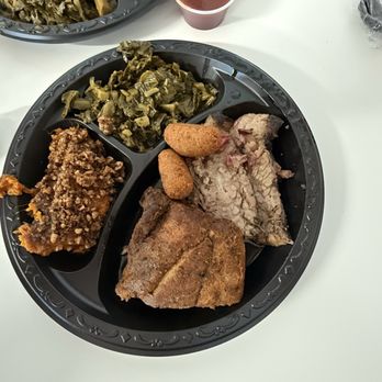 Southern Fusion BBQ Barn - 2 meat plate with brisket, ribs, collards, and sweet potato casserole - Barbeque Near Me - Chesnee, South Carolina Southern Fusion BBQ Barn - 2 meat plate with brisket, ribs, collards, and sweet potato casserole - Barbeque Near Me - Chesnee, South Carolina