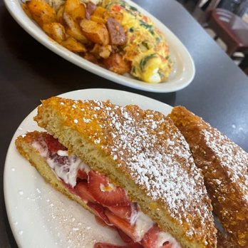 Kristof's Kafe - Strawberry Stuffed French Toast Spinach & Feta Omelette Side Potatoes biscuit - American Near Me - Davie, Florida Kristof's Kafe - Strawberry Stuffed French Toast Spinach & Feta Omelette Side Potatoes biscuit - American Near Me - Davie, Florida