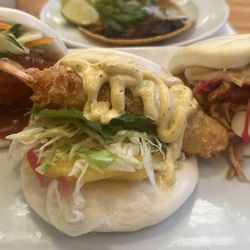 Asian Lab - Left to right: fried chicken, fried shrimp, pulled pork baos