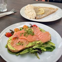 Salmon avocado toast w/ dessert crepe Salmon avocado toast w/ dessert crepe