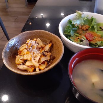 HOKI Japanese Restaurant - Garden Salad w/ Slightly sweet, ginger sesame dressing, Seaweed Salad and the Traditional Japanese Miso Soup  Delicious! - Sushi Bars Near Me - Atlanta, Georgia
