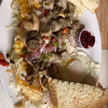 Norske Nook Restaurant & Bakery - Hash brown Supreme w sour dough bread eggs sunny side up w sausage - Desserts Near Me - DeForest, Wisconsin