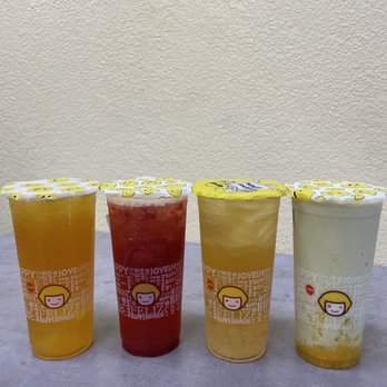Happy Lemon - L to R: Passionfruit green tea with lychee jello, strawberry green tea, honey green tea with aloe, and mango matcha smoothie - Juice Bars & Smoothies Near Me - Pleasant hill, California Happy Lemon - L to R: Passionfruit green tea with lychee jello, strawberry green tea, honey green tea with aloe, and mango matcha smoothie - Juice Bars & Smoothies Near Me - Pleasant hill, California
