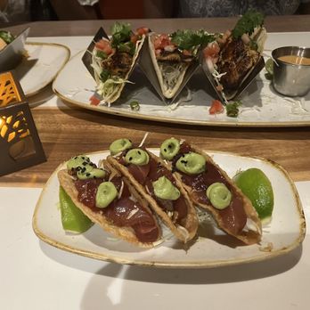 Monkeypod Kitchen - Front: poke taco   Back: Fresh Caught Fish Tacos - New American Near Me - Lahaina, Hawaii