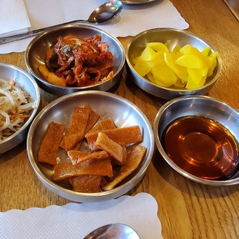 Roll House - Banchan! Marinated bean sprouts, fish cakes, kimchee, and pickled daikon. The brown sauce was brought ahead for the deep fried squid. - Korean Near Me - Santa Clara, California Roll House - Banchan! Marinated bean sprouts, fish cakes, kimchee, and pickled daikon. The brown sauce was brought ahead for the deep fried squid. - Korean Near Me - Santa Clara, California