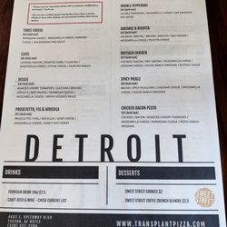 Transplant Detroit Style Pizza - Menu