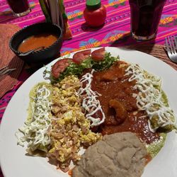 Rincón Tipico - Three enchiladas - red, green, white; Eggs & ham; Beans; Green salad