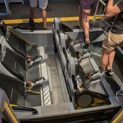 About to hop in the second row of one of the slot cars at Test Track at World Discovery at EPCOT at Walt Disney World Resort.