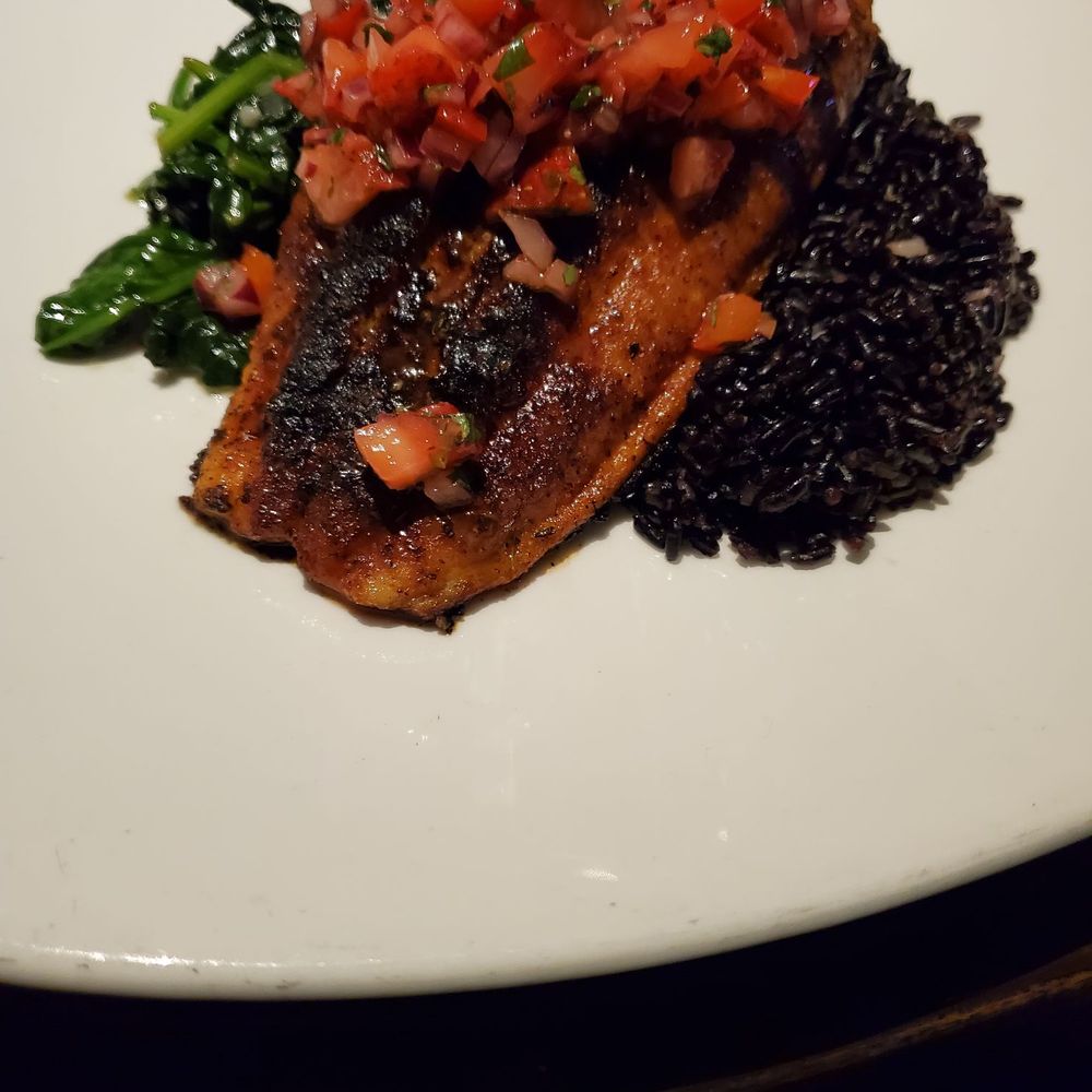 Kingfish - Blackened catfish, seasoned black rice with sautéed spinach. Delicious!! - Seafood Near Me - Akron, Ohio Kingfish - Blackened catfish, seasoned black rice with sautéed spinach. Delicious!! - Seafood Near Me - Akron, Ohio
