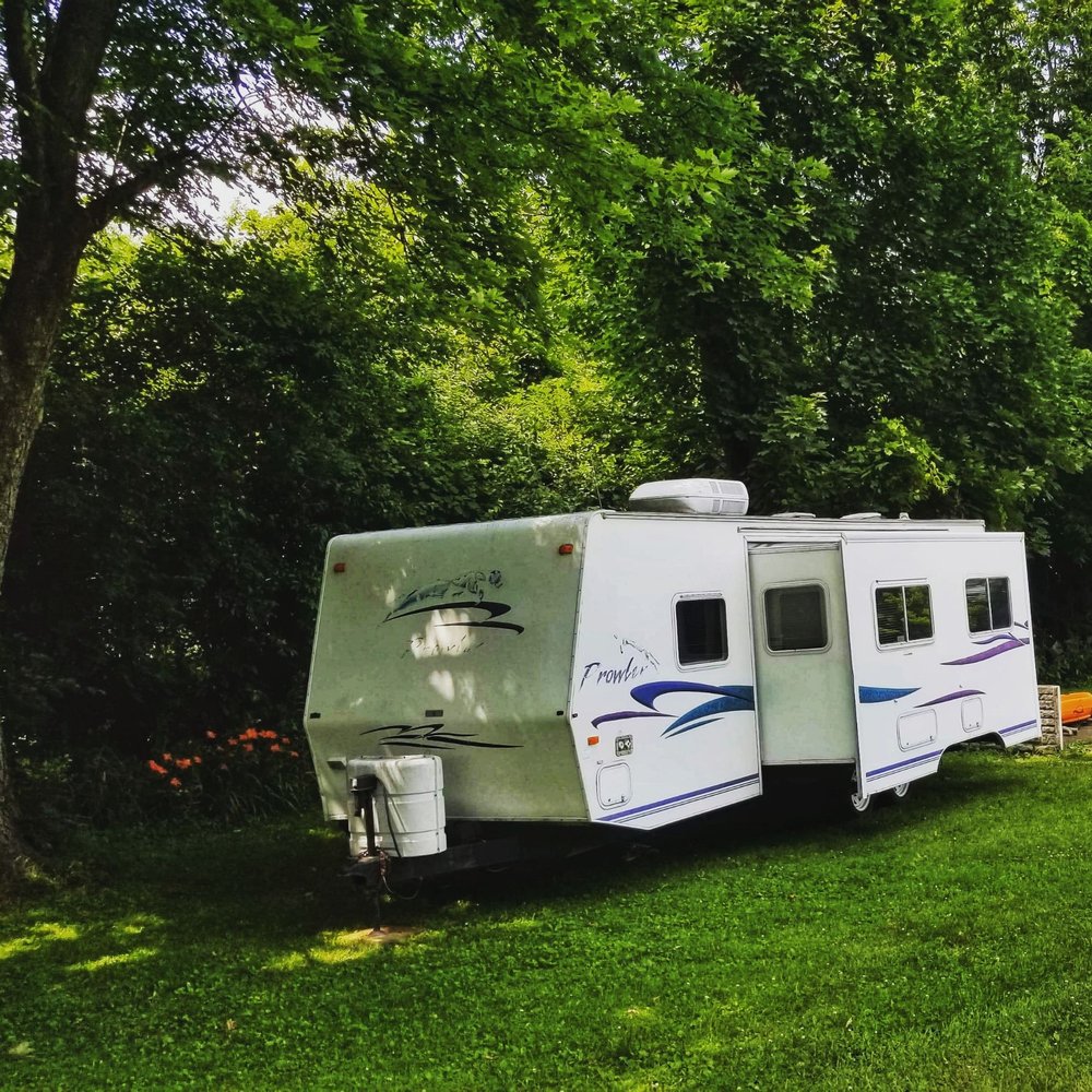 Be it ever so humble.. Here's our "new" 2000 trailer!  Needs some work, but we'll have primed for adventure in no time!!  Thanks, Gander RV!