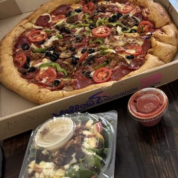 Mellow Mushroom - Large House Special and Lil' Enlightened Spinach Salad plus a red sauce side - Pizza Near Me - McKinney, Texas Mellow Mushroom - Large House Special and Lil' Enlightened Spinach Salad plus a red sauce side - Pizza Near Me - McKinney, Texas