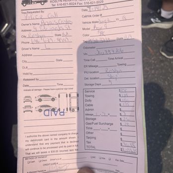 Jerry's Auto Towing - Jerry's Towing Service Receipt - Auto Repair Near Me - Roslyn Heights, New York