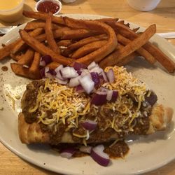 Chili cheese dog combo with sweet potato fries