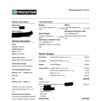 Enterprise Rent-A-Car - My emailed receipt. I asked for a printed receipt because at that point I just couldn't trust them. - Car Rental Near Me - Monterey Park, California Enterprise Rent-A-Car - My emailed receipt. I asked for a printed receipt because at that point I just couldn't trust them. - Car Rental Near Me - Monterey Park, California