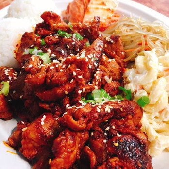 Ohana Kitchen - Spicy pork bulgogi! So good! Comes with rice, kimchi, japchae, and macaroni salad. - Korean Near Me - Burien, Washington
