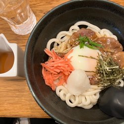 Sanukiya - Bukkamo Bukkake Udon - marinated duck and poached egg + grated radish (daikon oroshi) €18+ €1