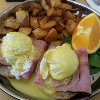 Main Kitchen Cafe - Eggs Benedict & crispy potatoes. Could have used ham steak or Canadian bacon instead of sandwich meat. Still good though. - New American Near Me - Granada Hills, California Main Kitchen Cafe - Eggs Benedict & crispy potatoes. Could have used ham steak or Canadian bacon instead of sandwich meat. Still good though. - New American Near Me - Granada Hills, California