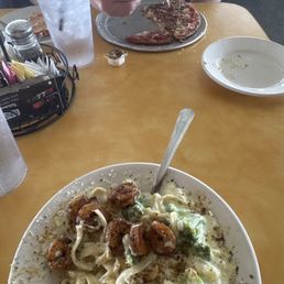 Blackened shrimp Alfredo and pizza