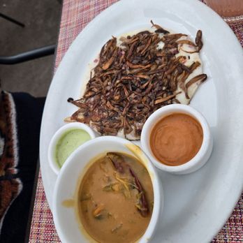 Paper Dosa - Mushroom medley uttapam. Think of it like a pancake with mushroom. So good with the sauces and the Marsalla - Indian Near Me - Santa Fe, New Mexico