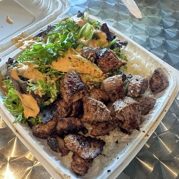 Ono Steak & Shrimp - 7oz steak plate, medium, little too much dressing. - Steakhouses Near Me - Kapolei, Hawaii Ono Steak & Shrimp - 7oz steak plate, medium, little too much dressing. - Steakhouses Near Me - Kapolei, Hawaii