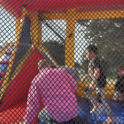 Unfortunately the only picture I got of the jumper with the basketball hoop and slide. It is big and colorful!