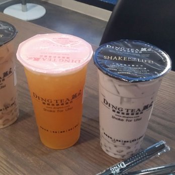 Ding Tea - Signature Milk Tea with Cystal Boba Taro Milk with Cystal Boba and the middle one is Mango Tea. All half sugar - Coffee & Tea Near Me - San Diego, California