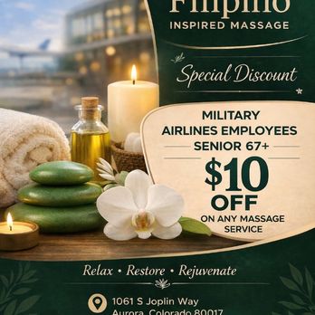 Filipino Inspired Massage - Dedicated Care with Exclusive Savings for Our Military, Airline Community & Seniors. - Massage Therapy Near Me - Aurora, Colorado Filipino Inspired Massage - Dedicated Care with Exclusive Savings for Our Military, Airline Community & Seniors. - Massage Therapy Near Me - Aurora, Colorado