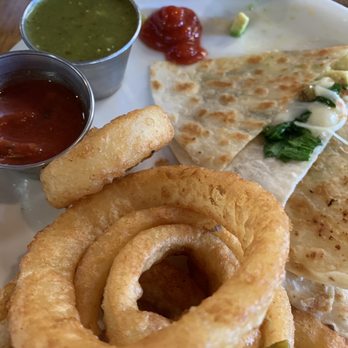The Peach Cafe - Quesadilla with onion rings - New American Near Me - Monrovia, California The Peach Cafe - Quesadilla with onion rings - New American Near Me - Monrovia, California