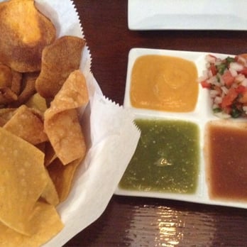 Lucha Tigre - Salsa sampler and array of chips (wonton bc it's Asian/Latin American, sweet potato, tortilla)- next to the pico is habanero! Mm - Asian Fusion Near Me - Chapel Hill, North Carolina