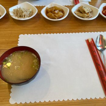 Lee's Tofu - 5 little banchan with miso soup for my entree - Korean Near Me - Gardena, California Lee's Tofu - 5 little banchan with miso soup for my entree - Korean Near Me - Gardena, California