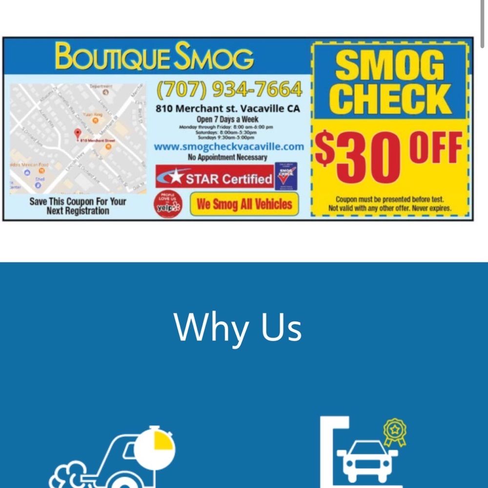 Boutique Smog - Coupon online - must show before the test - Smog Check Stations Near Me - Vacaville, California Boutique Smog - Coupon online - must show before the test - Smog Check Stations Near Me - Vacaville, California