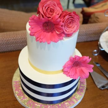 Simply Sweet Cakery - Kate spade inspired cake! Navy blue ribbon striping and gold ribbon. Flowers added by me :) - Bakeries Near Me - Costa Mesa, California Simply Sweet Cakery - Kate spade inspired cake! Navy blue ribbon striping and gold ribbon. Flowers added by me :) - Bakeries Near Me - Costa Mesa, California