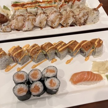 Sushi Haya - From top to bottom: Mexican Roll, Super Crunch, Spicy Girl, Salmon Rolls - Japanese Near Me - Houston, Texas Sushi Haya - From top to bottom: Mexican Roll, Super Crunch, Spicy Girl, Salmon Rolls - Japanese Near Me - Houston, Texas