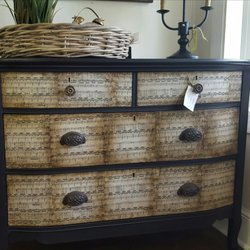 Repurposed, upcycled dresser with sheet music motif