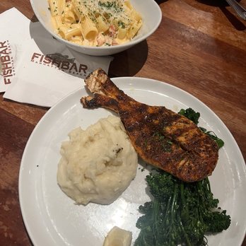 FishBar - Blackened salmon, mashed potatoes, broccolini and a side of lobster Mac n cheese. - Seafood Near Me - Manhattan Beach, California FishBar - Blackened salmon, mashed potatoes, broccolini and a side of lobster Mac n cheese. - Seafood Near Me - Manhattan Beach, California