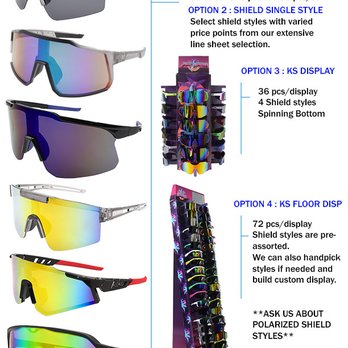 Shark Eyes - Shield Sunglasses have been all the craze! These color mirrored sunnies can be purchased open stock or in display programs. - Wholesalers Near Me - Gardena, California Shark Eyes - Shield Sunglasses have been all the craze! These color mirrored sunnies can be purchased open stock or in display programs. - Wholesalers Near Me - Gardena, California