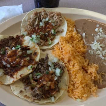 El Taco De Mexico - Taco trio: beef, fried pork, marinated pork with rice and beans - Mexican Near Me - Denver, Colorado El Taco De Mexico - Taco trio: beef, fried pork, marinated pork with rice and beans - Mexican Near Me - Denver, Colorado