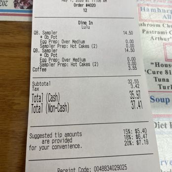 Arthur's - Up charge when paying with card - Breakfast & Brunch Near Me - Downey, California