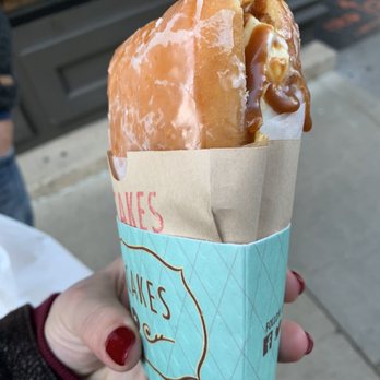 Firecakes Donuts - Honey glazed ice-cream sandwich with bourbon Caramel sauce and peanut butter mousse. - Bakeries Near Me - Chicago, Illinois Firecakes Donuts - Honey glazed ice-cream sandwich with bourbon Caramel sauce and peanut butter mousse. - Bakeries Near Me - Chicago, Illinois