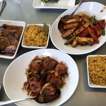 My Burma - Eggplant Curry, Lemongrass Tofu, Basmati Biryani Rice, and Garlic and Chili Shrimps - Burmese Near Me - Davis, California