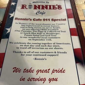 Ronnie's Cafe - Front of the menu - Breakfast & Brunch Near Me - Glendale, Arizona