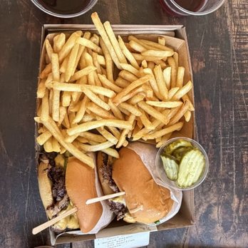 The Station - Double Burger, fries, extra pickles, broc cellar's wine - Burgers Near Me - Berkeley, California The Station - Double Burger, fries, extra pickles, broc cellar's wine - Burgers Near Me - Berkeley, California