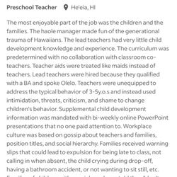 Kamehameha Preschool He'eia - Another review from a previous employee on a different site