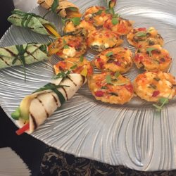 Corretti Catering - Pimento cheese bites with pepper jelly and mini vegetarian tacos with avocado and bell pepper. people did not really go for the tacos