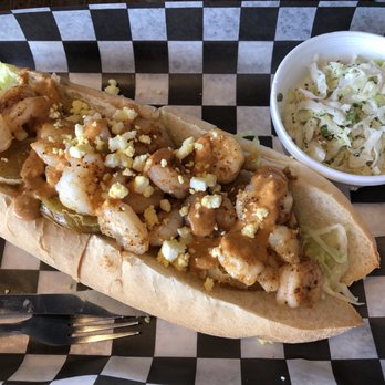 Jed's Local Restaurant & Bar - This is the Shrimp & Fried Green Tomato Po-Boy with a side of Slaw - Seafood Near Me - Baton Rouge, Louisiana