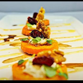 Asher Grace Private Chef And Events - Sweetpotato rounds with goat cheese, cranberry, walnut and a honey drizzle - Personal Chefs Near Me Asher Grace Private Chef And Events - Sweetpotato rounds with goat cheese, cranberry, walnut and a honey drizzle - Personal Chefs Near Me