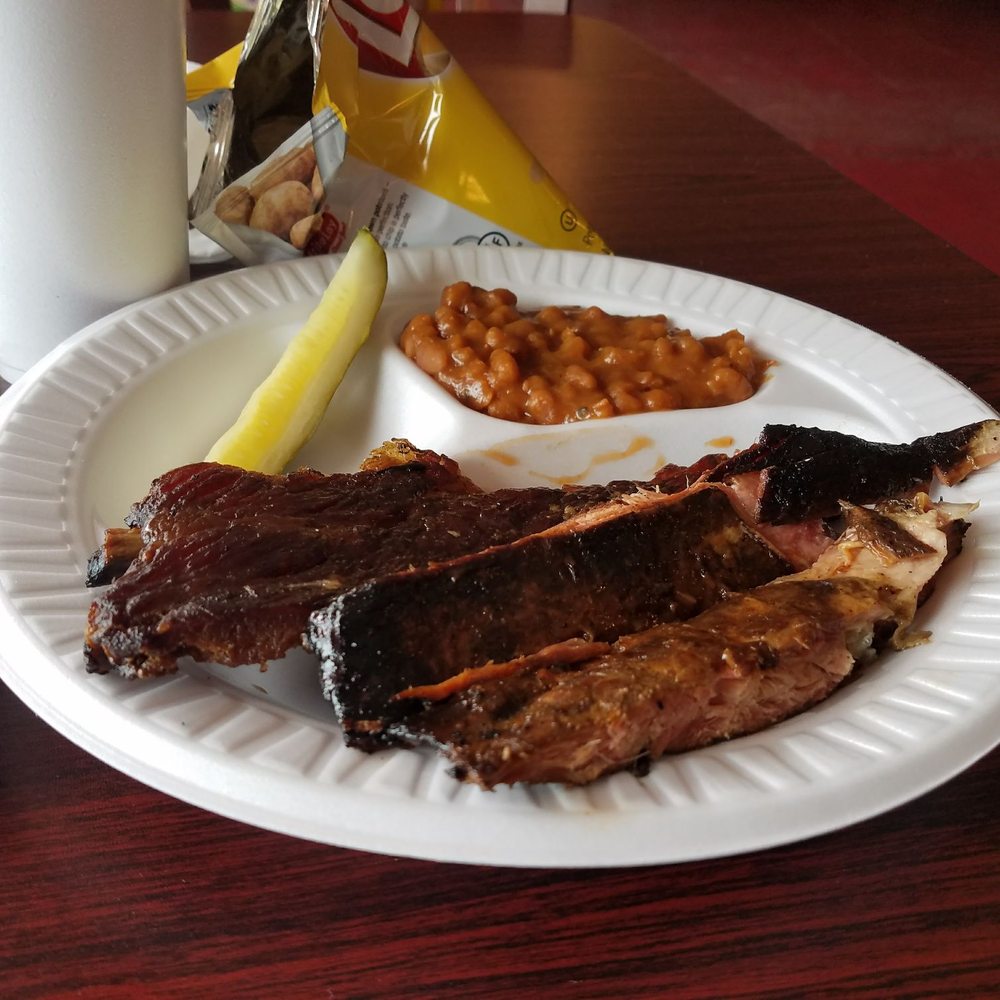 Jax's BBQ - a plate of ribs and baked beans - Barbeque Near Me - Shady Point, Oklahoma