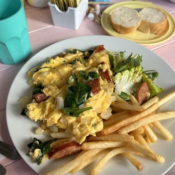 Cafe Morey's - Portuguese Sausage, Onion & Spinach Scramble - American Near Me - Honolulu, Hawaii Cafe Morey's - Portuguese Sausage, Onion & Spinach Scramble - American Near Me - Honolulu, Hawaii