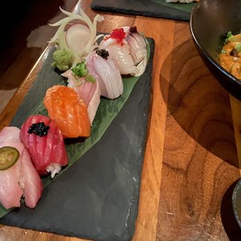 KYO - 7pc chef's choice nigiri and the tofu yaki udon off to the side - Japanese Near Me - Montreal, Quebec