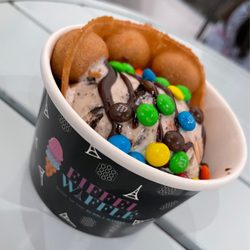 Eiffel Waffle - Build Your Own Waffle: cookies and cream ice cream, hot fudge, and M&Ms